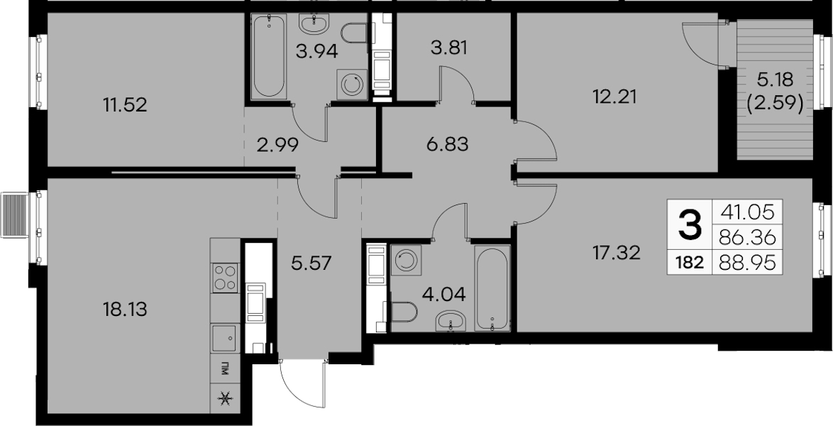 3-комнатная квартира 88.95 м², 7/7 эт., ЖК «Glorax City Балтийская»
